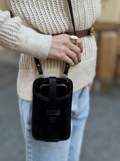 Black Suede Phone Crossbody Bag - Minimal Hands-Free Purse