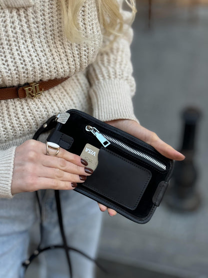 Black Suede Phone Crossbody Bag - Minimal Hands-Free Purse