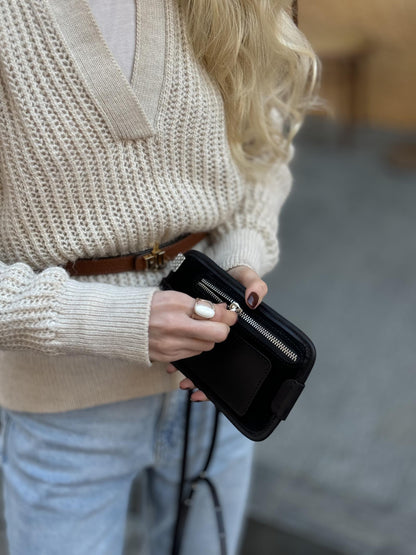 Black Suede Phone Crossbody Bag - Minimal Hands-Free Purse