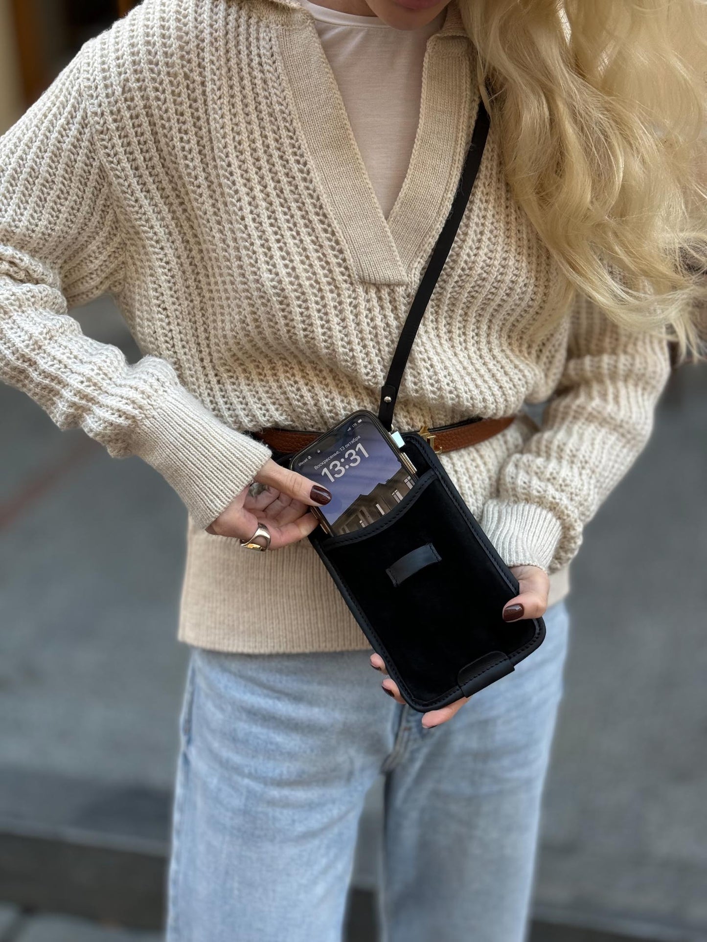 Black Suede Phone Crossbody Bag - Minimal Hands-Free Purse
