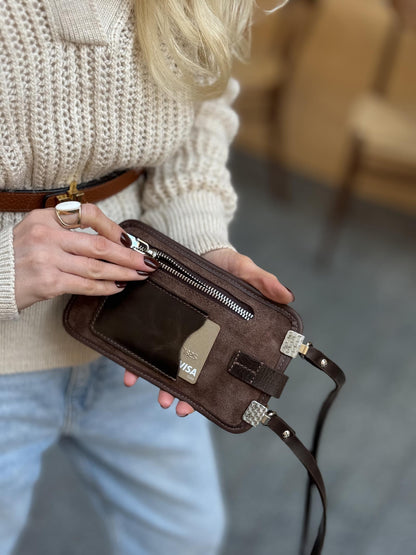 Mahogany Brown Suede Phone Bag - Compact Crossbody Purse