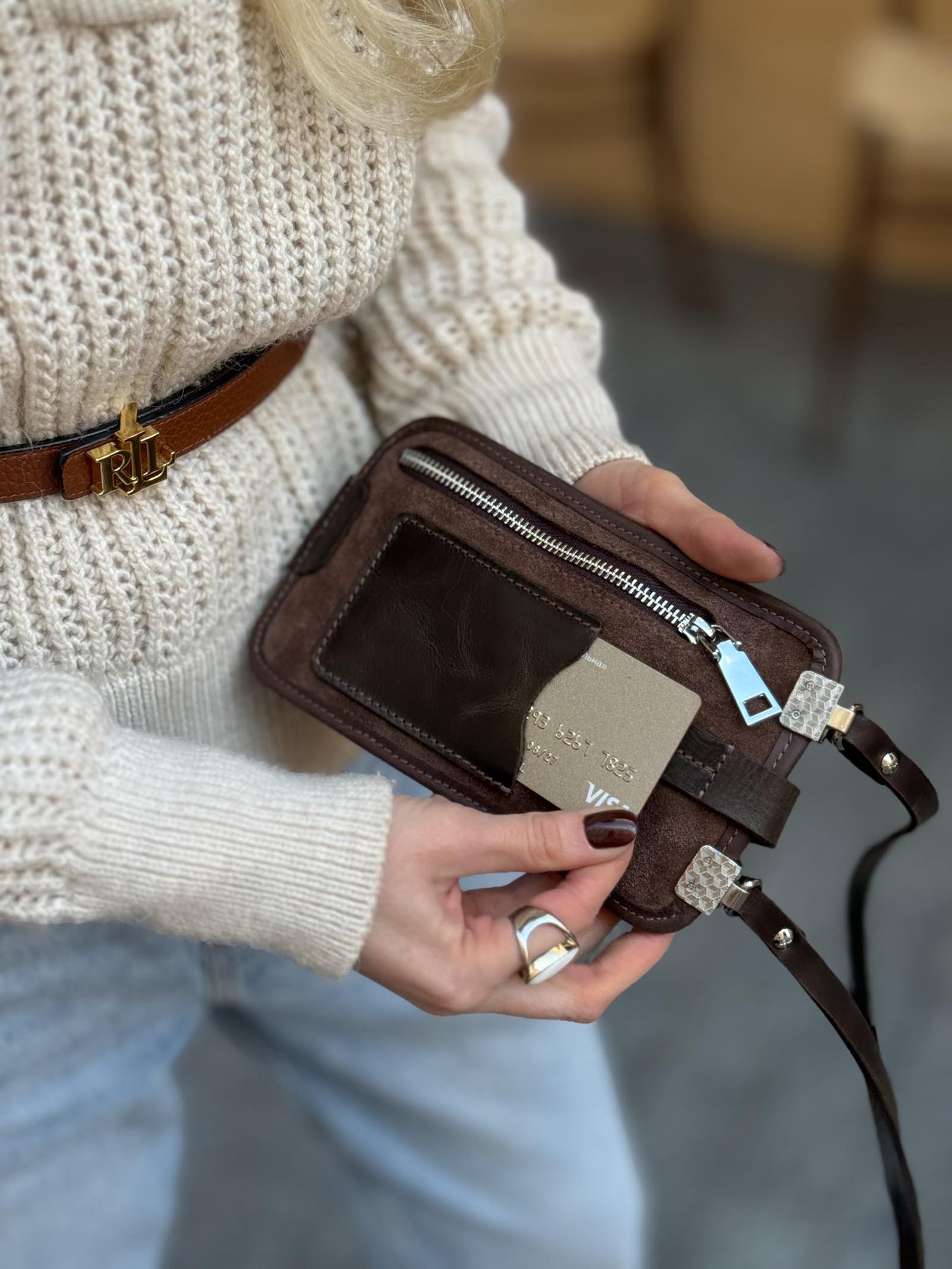 Mahogany Brown Suede Phone Bag - Compact Crossbody Purse