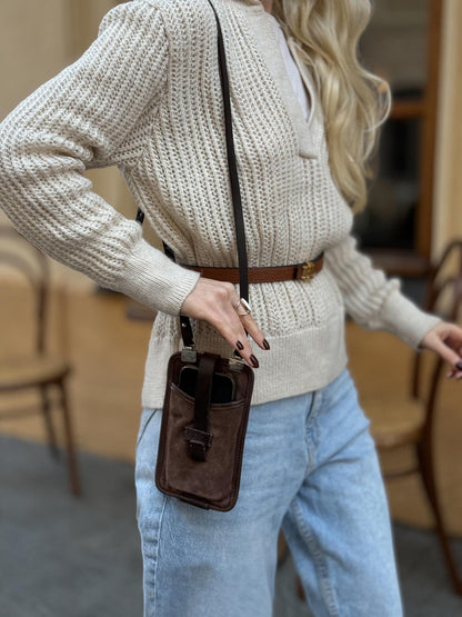 Mahogany Brown Suede Phone Bag - Compact Crossbody Purse