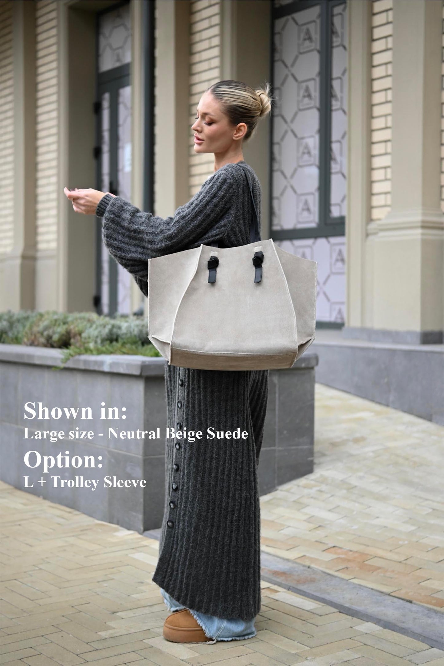 Neutral Beige Suede Large Tote Bag
