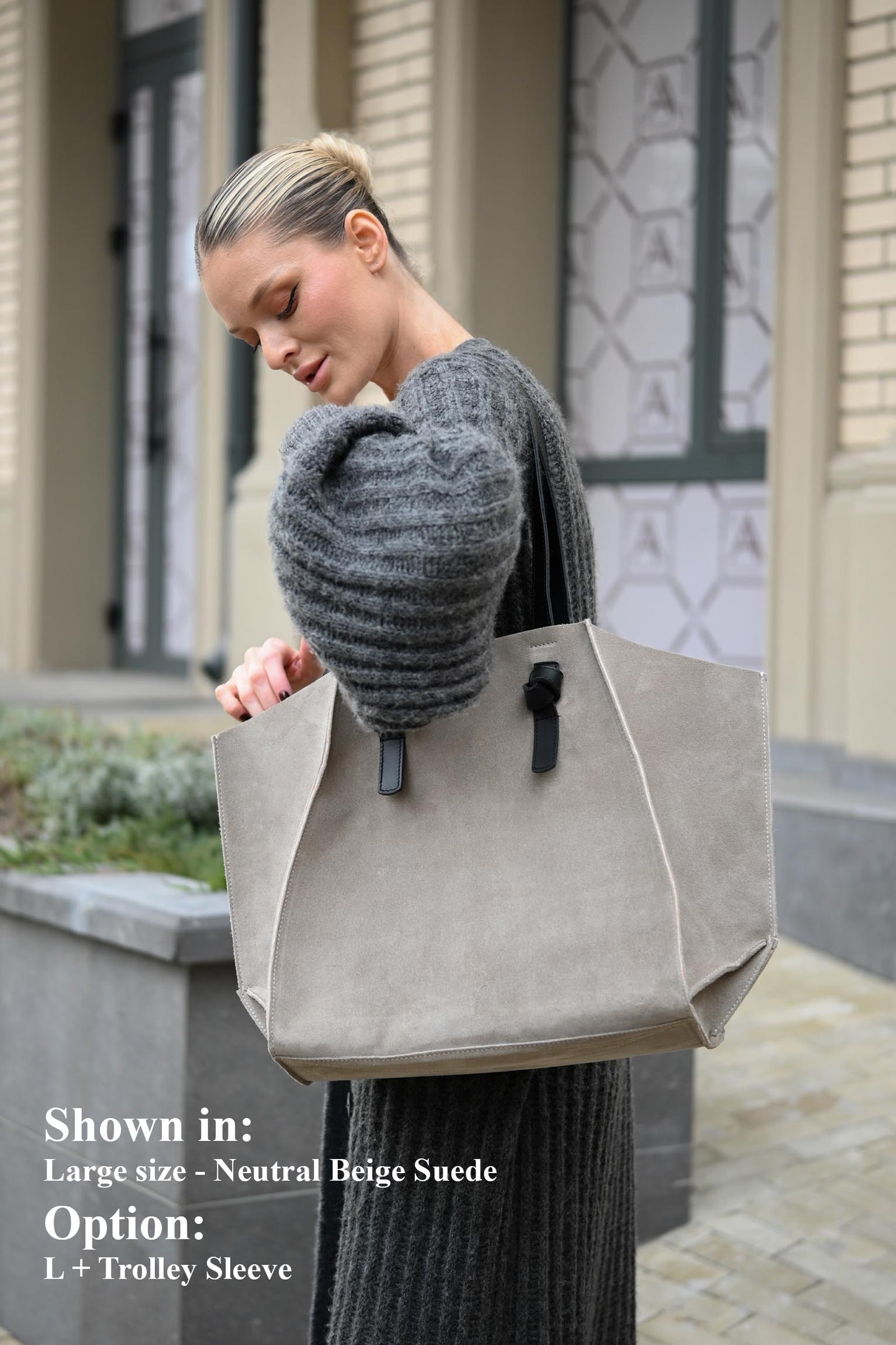Neutral Beige Suede Large Tote Bag
