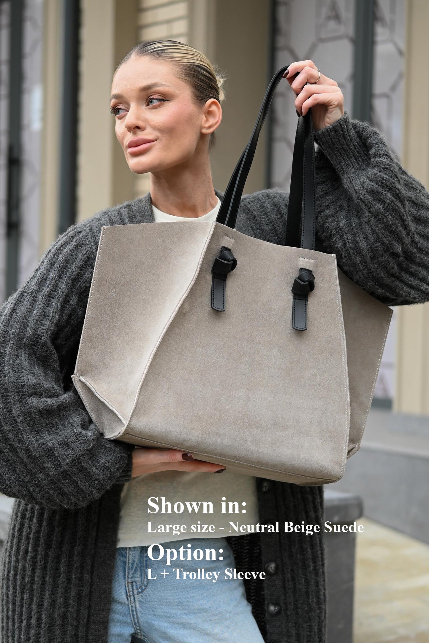 Neutral Beige Suede Large Tote Bag