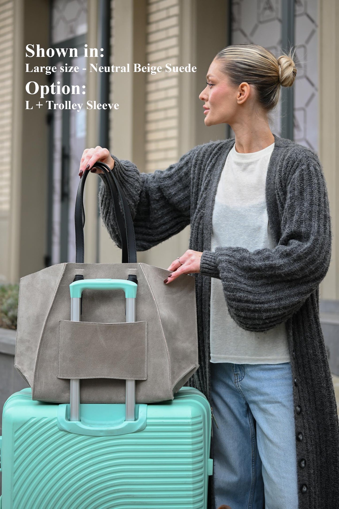 Neutral Beige Suede Large Tote Bag
