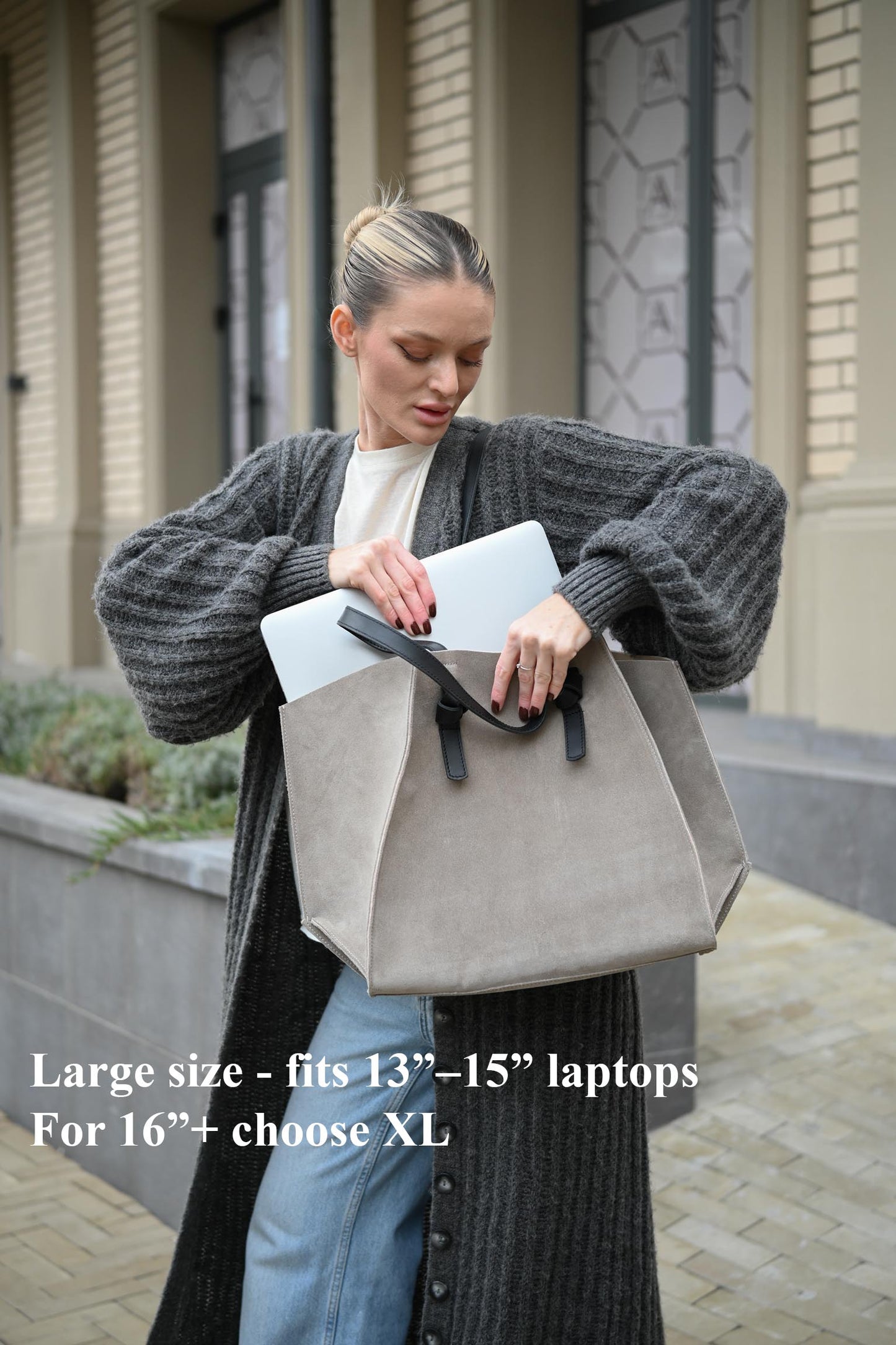 Neutral Beige Suede Large Tote Bag