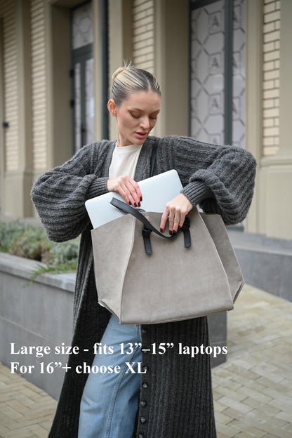 Neutral Beige Suede Large Tote Bag