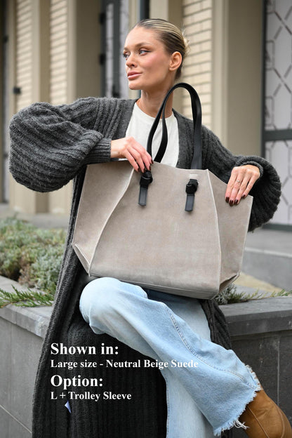 Neutral Beige Suede Large Tote Bag