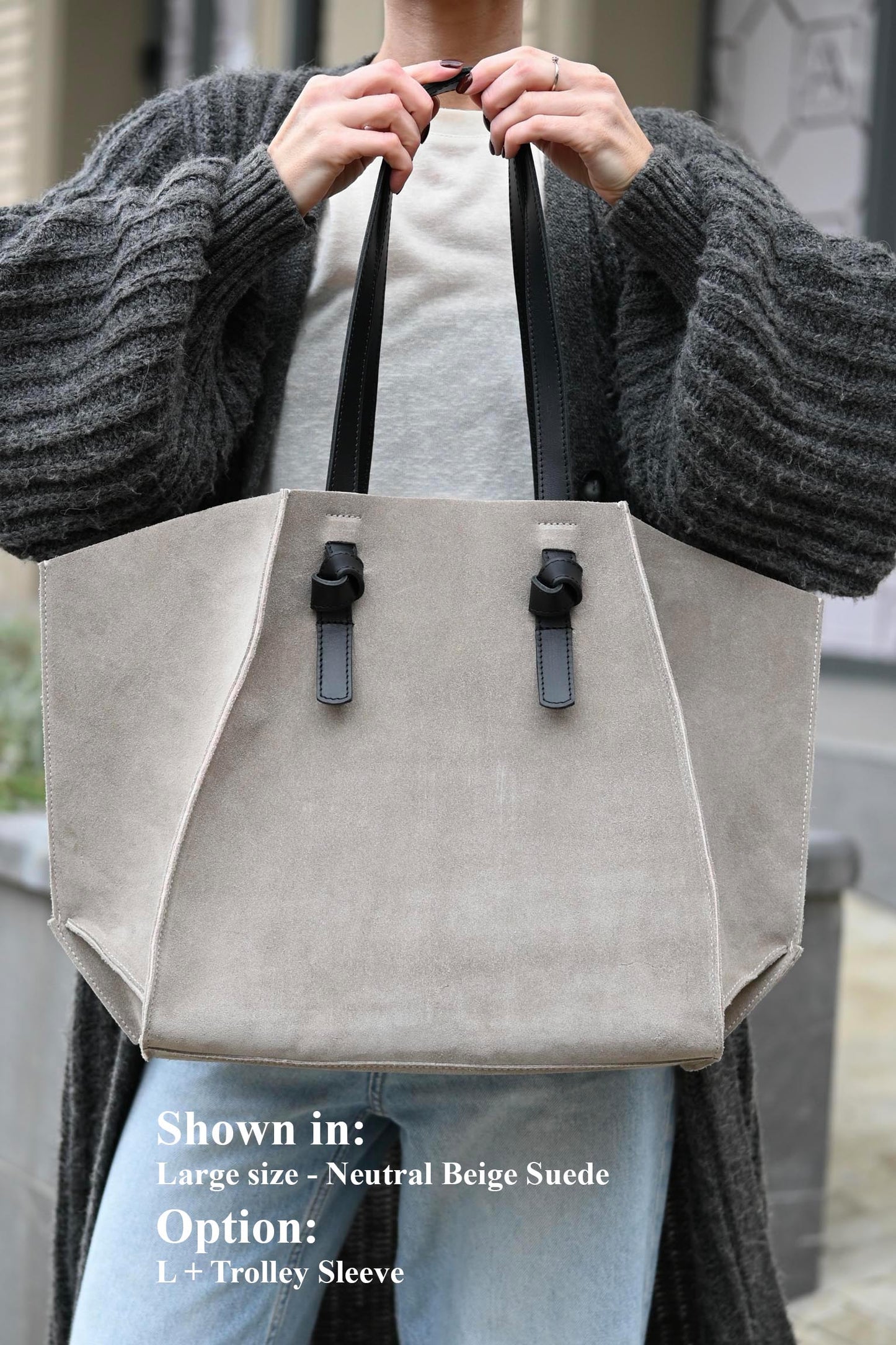 Neutral Beige Suede Large Tote Bag