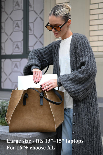 Khaki Suede Large Tote Bag