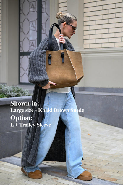 Khaki Suede Large Tote Bag