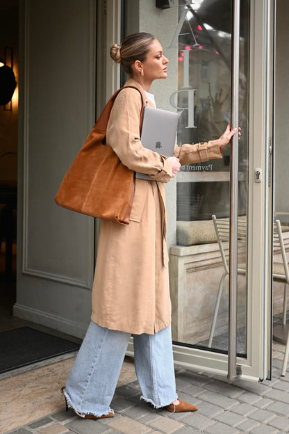 Large Suede & Leather Hobo Bag - Slouchy Shoulder Tote in Warm Tan Mix