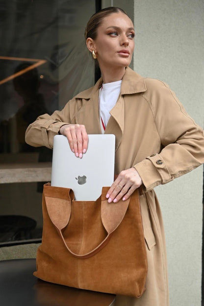 Large Suede & Leather Hobo Bag - Slouchy Shoulder Tote in Warm Tan Mix
