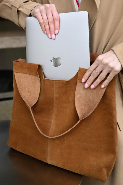 Large Suede & Leather Hobo Bag - Slouchy Shoulder Tote in Warm Tan Mix