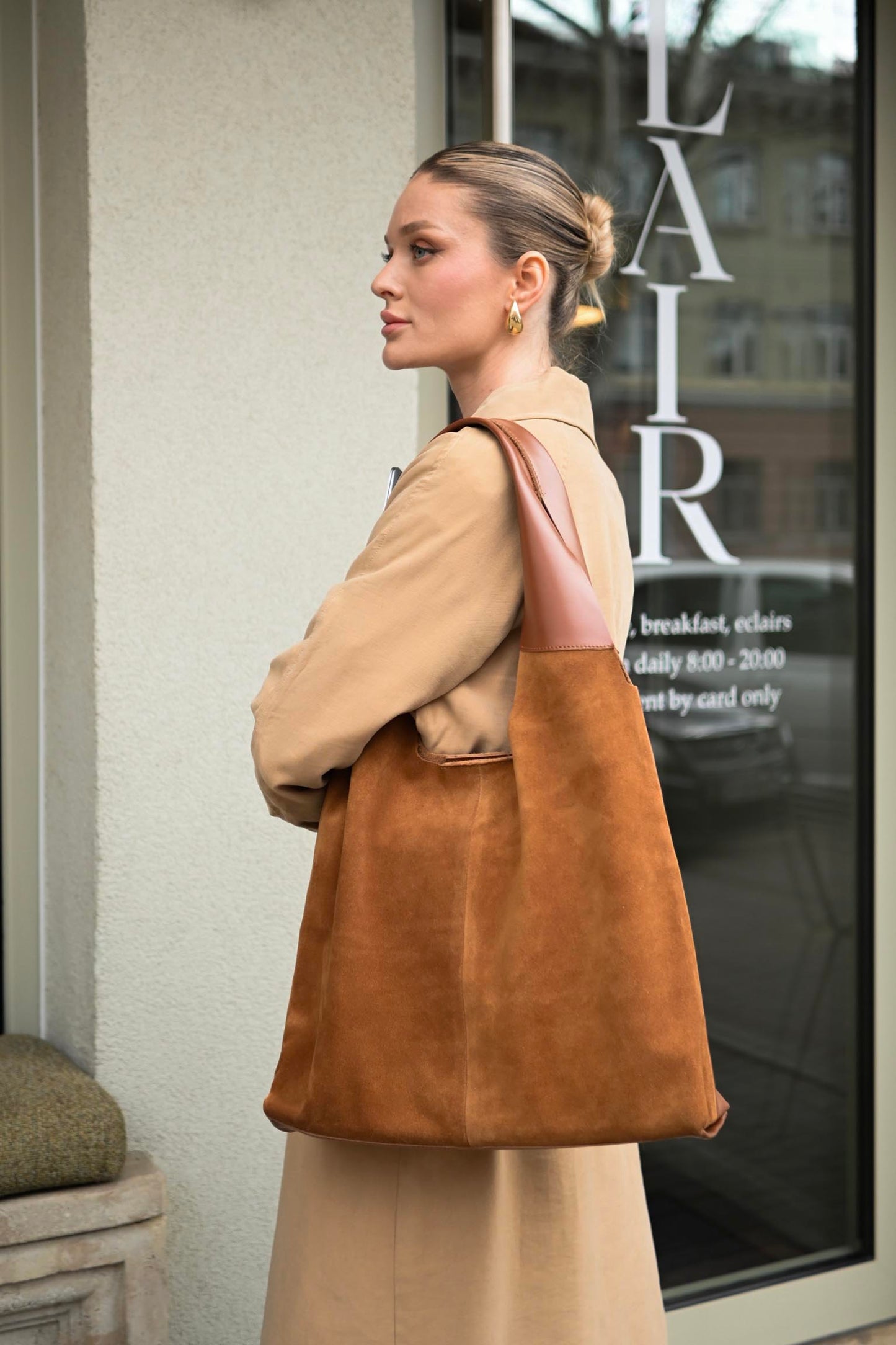 Large Suede & Leather Hobo Bag - Slouchy Shoulder Tote in Warm Tan Mix
