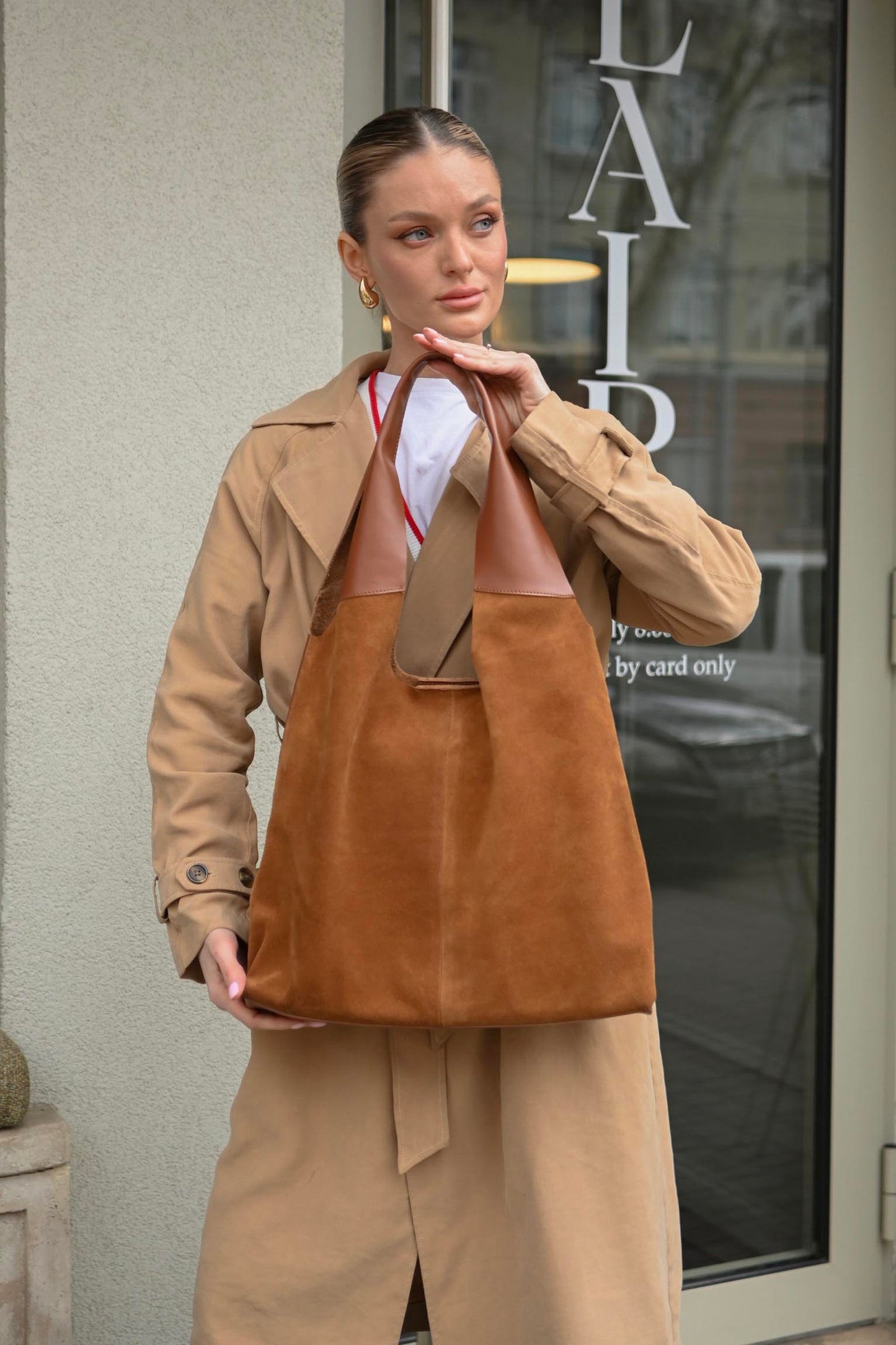 Large Suede & Leather Hobo Bag - Slouchy Shoulder Tote in Warm Tan Mix