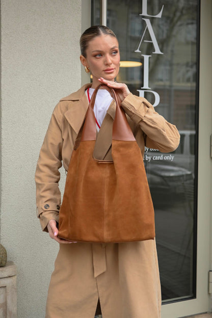 Large Suede & Leather Hobo Bag - Slouchy Shoulder Tote in Warm Tan Mix