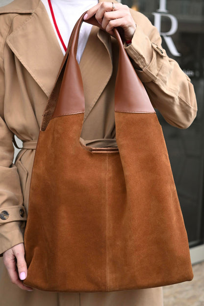 Large Suede & Leather Hobo Bag - Slouchy Shoulder Tote in Warm Tan Mix