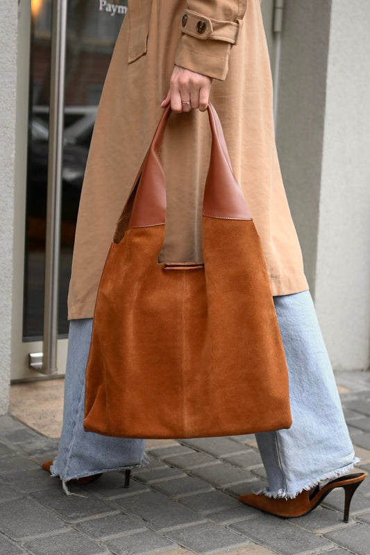 Large Suede & Leather Hobo Bag - Slouchy Shoulder Tote in Warm Tan Mix