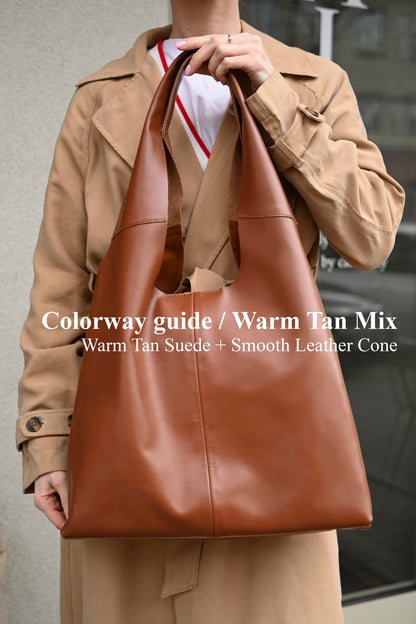 Large Suede & Leather Hobo Bag - Slouchy Shoulder Tote in Warm Tan Mix