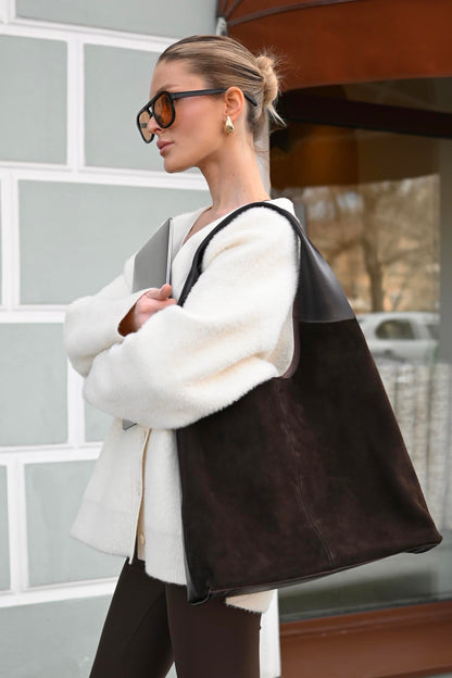 Large Suede & Leather Hobo Bag - Slouchy Shoulder Tote in Mahogany Mix