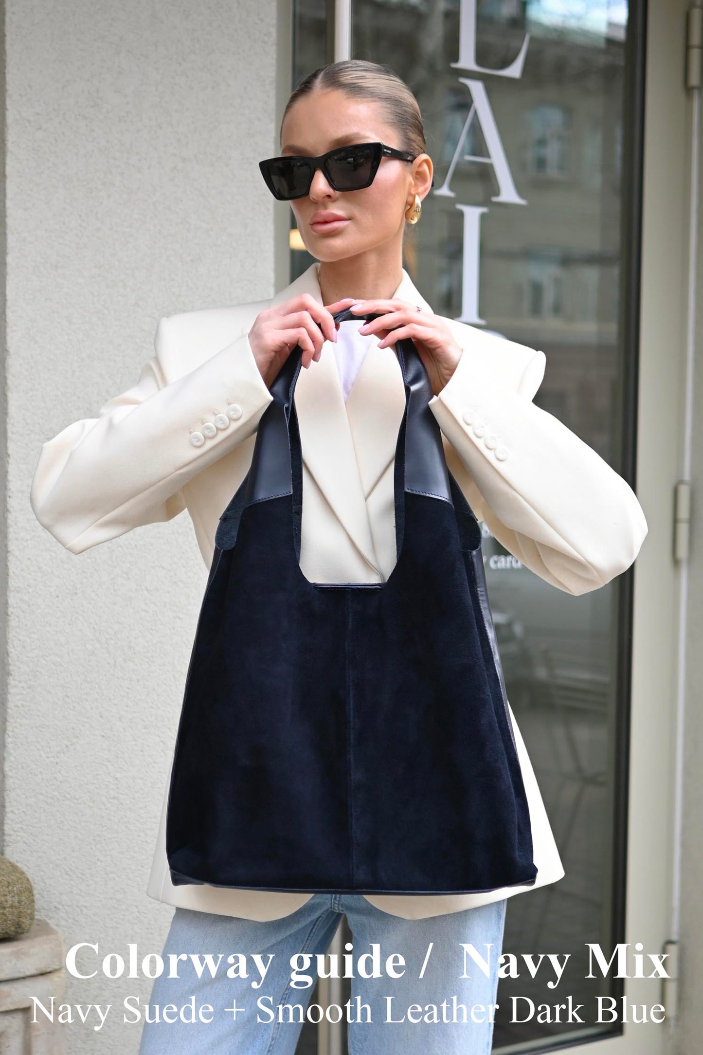 Large Suede & Leather Hobo Bag - Slouchy Shoulder Tote in Navy Mix