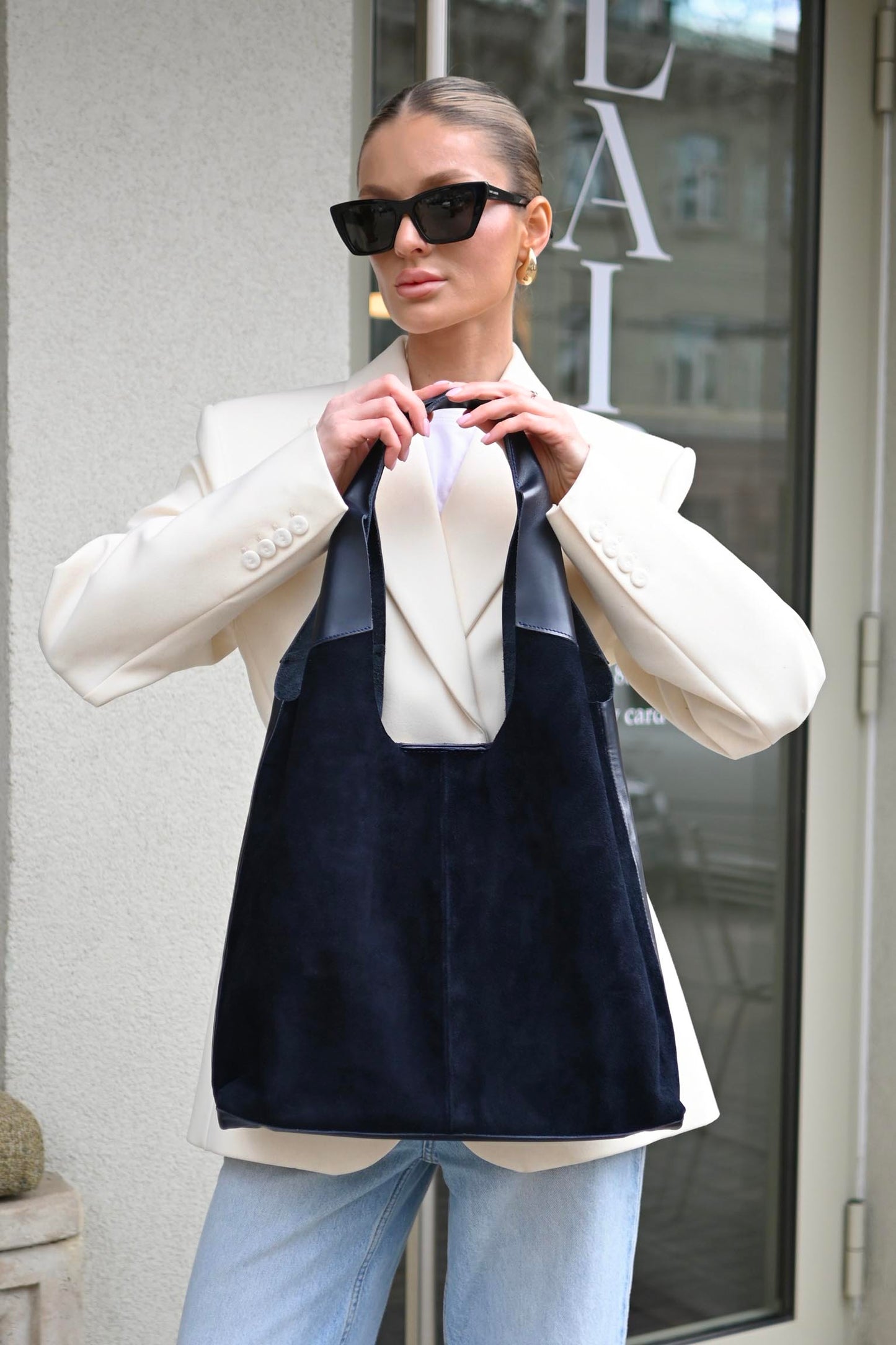 Large Suede & Leather Hobo Bag - Slouchy Shoulder Tote in Navy Mix