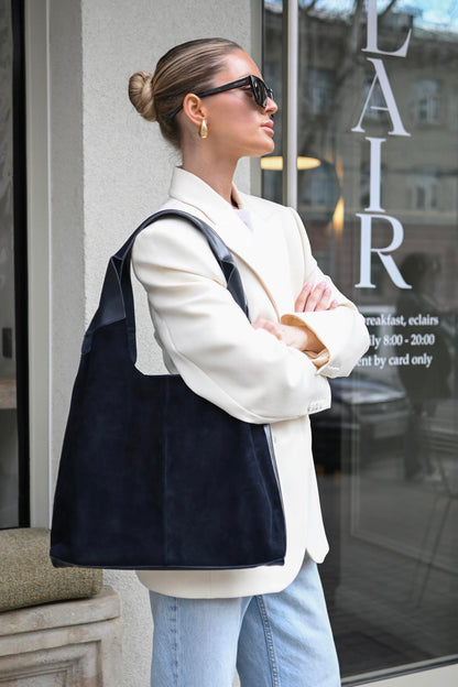 Large Suede & Leather Hobo Bag - Slouchy Shoulder Tote in Navy Mix