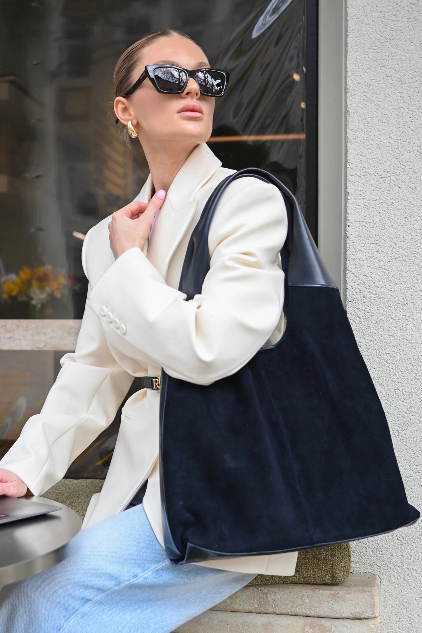 Large Suede & Leather Hobo Bag - Slouchy Shoulder Tote in Navy Mix
