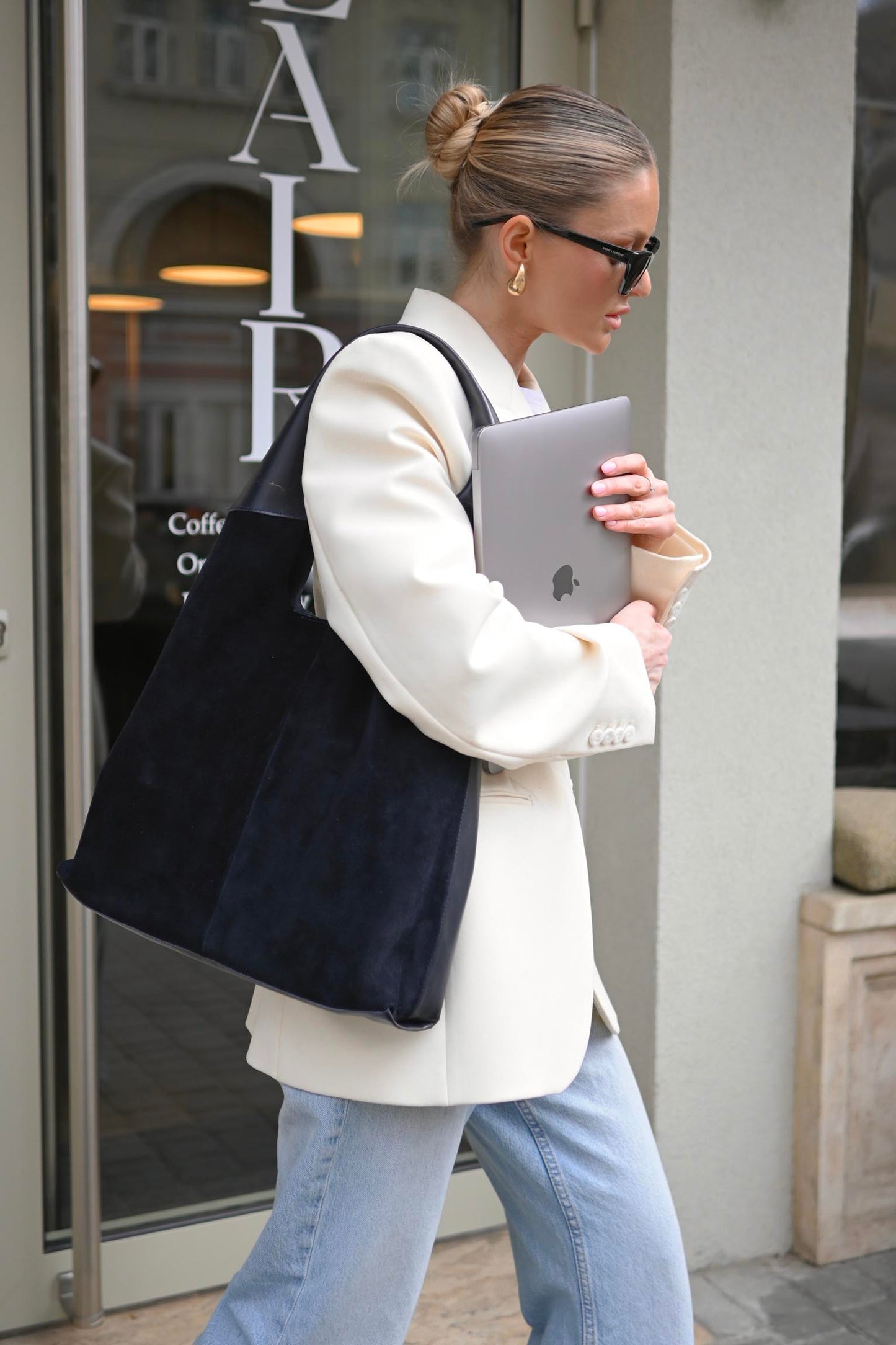 Large Suede & Leather Hobo Bag - Slouchy Shoulder Tote in Navy Mix