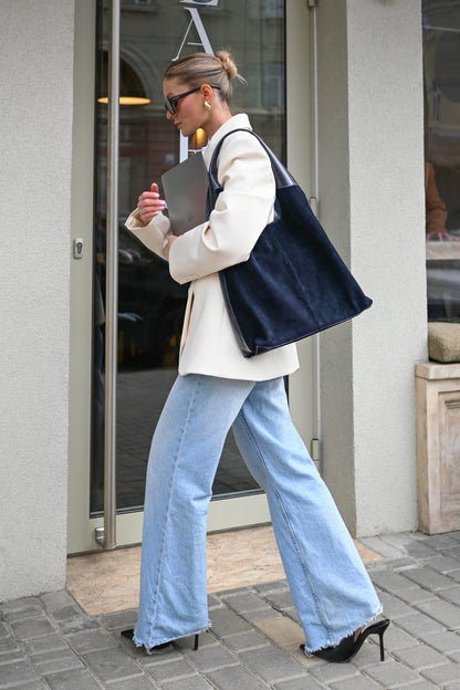Large Suede & Leather Hobo Bag - Slouchy Shoulder Tote in Navy Mix