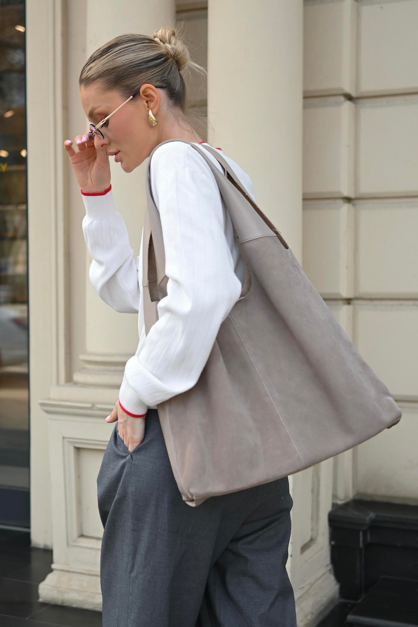 Large Suede & Leather Hobo Bag - Slouchy Shoulder Tote in Mushroom Mix