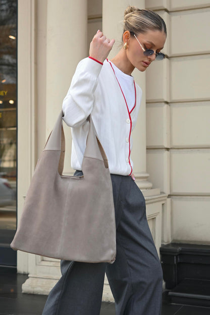 Large Suede & Leather Hobo Bag - Slouchy Shoulder Tote in Mushroom Mix