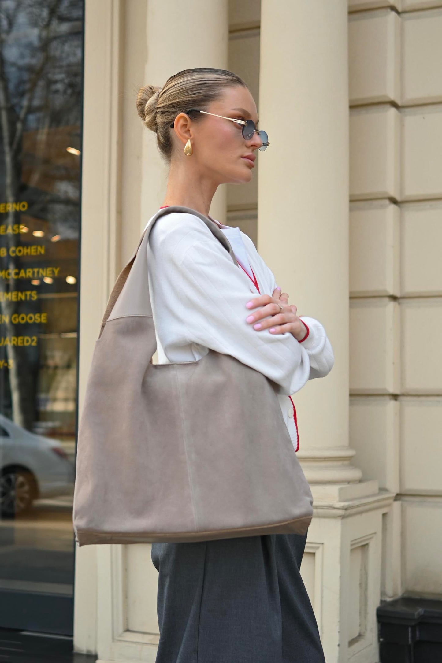 Large Suede & Leather Hobo Bag - Slouchy Shoulder Tote in Mushroom Mix