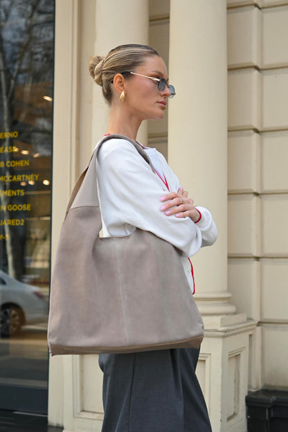 Large Suede & Leather Hobo Bag - Slouchy Shoulder Tote in Mushroom Mix