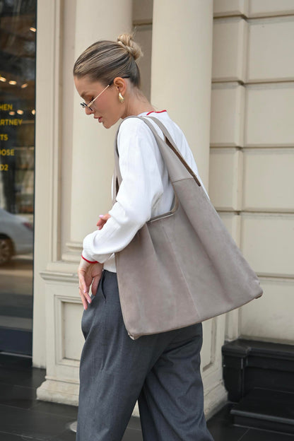 Large Suede & Leather Hobo Bag - Slouchy Shoulder Tote in Mushroom Mix
