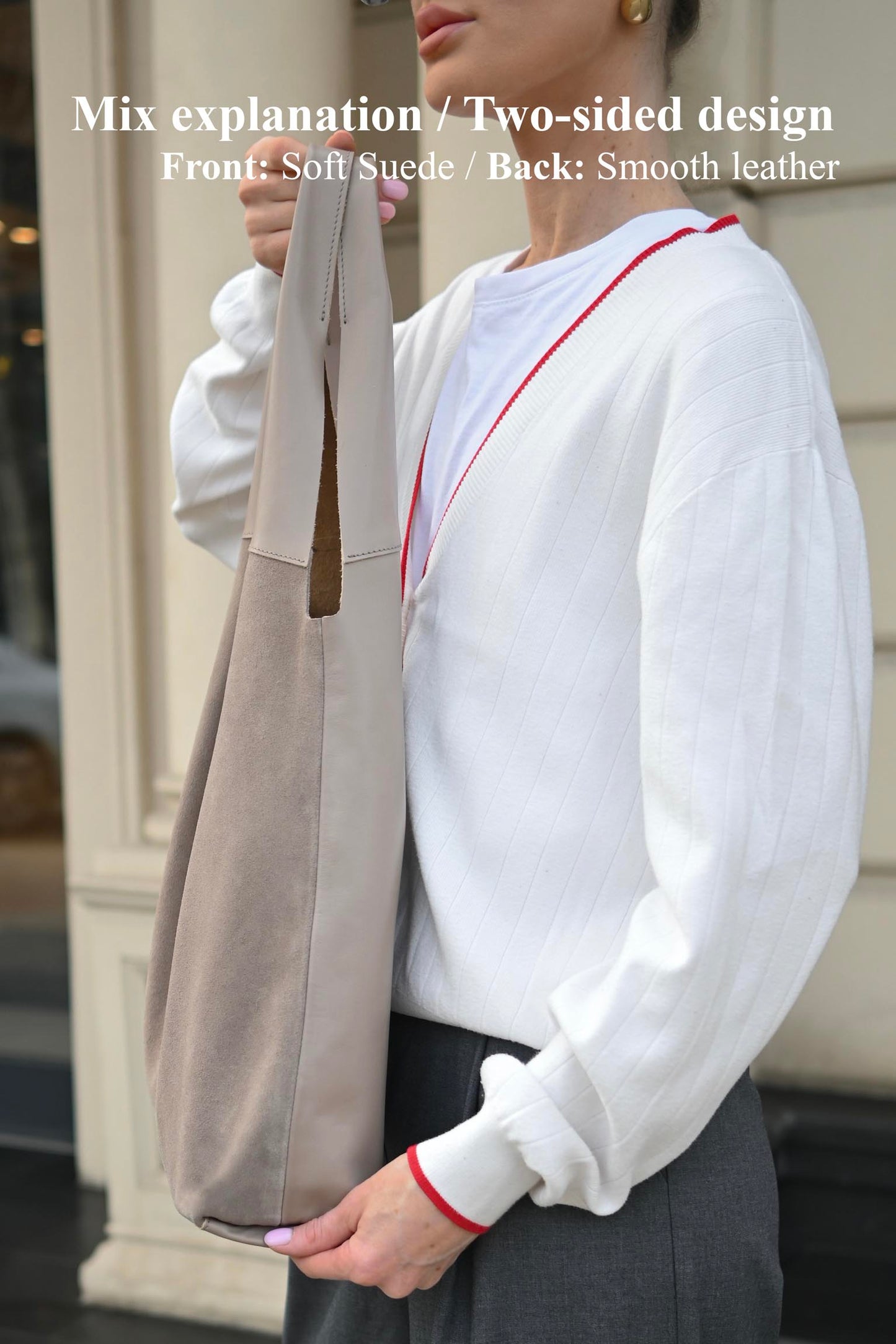 Large Suede & Leather Hobo Bag - Slouchy Shoulder Tote in Mushroom Mix