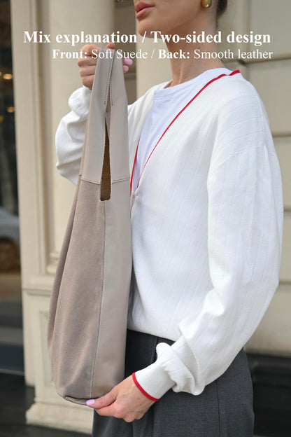 Large Suede & Leather Hobo Bag - Slouchy Shoulder Tote in Mushroom Mix