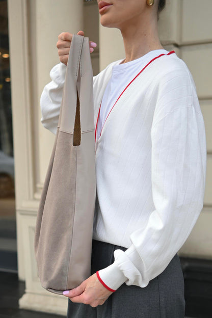 Large Suede & Leather Hobo Bag - Slouchy Shoulder Tote in Mushroom Mix