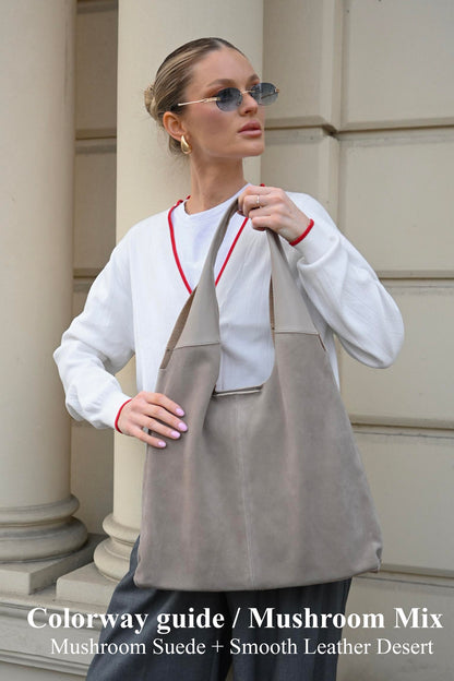 Large Suede & Leather Hobo Bag - Slouchy Shoulder Tote in Mushroom Mix