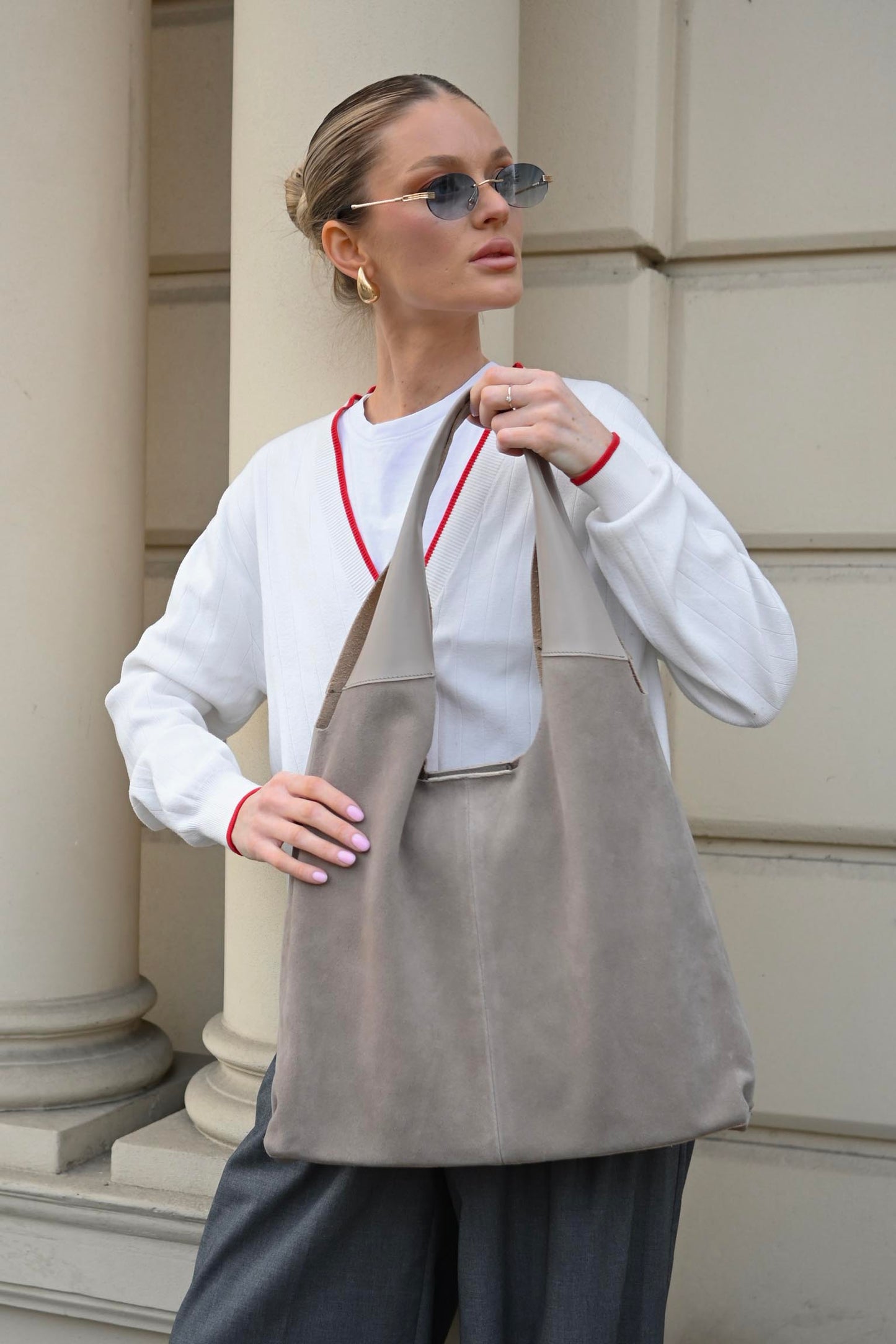 Large Suede & Leather Hobo Bag - Slouchy Shoulder Tote in Mushroom Mix