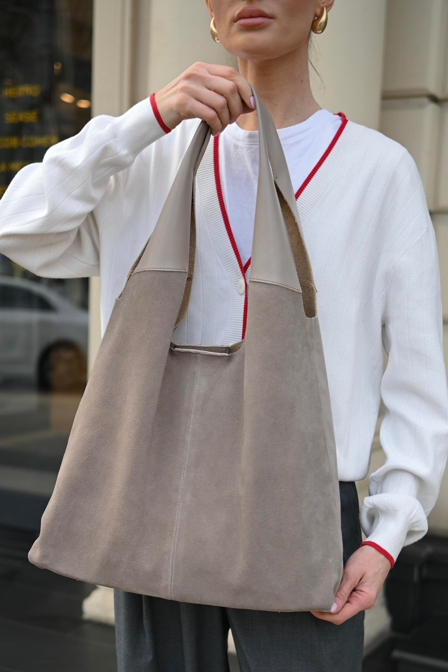 Large Suede & Leather Hobo Bag - Slouchy Shoulder Tote in Mushroom Mix