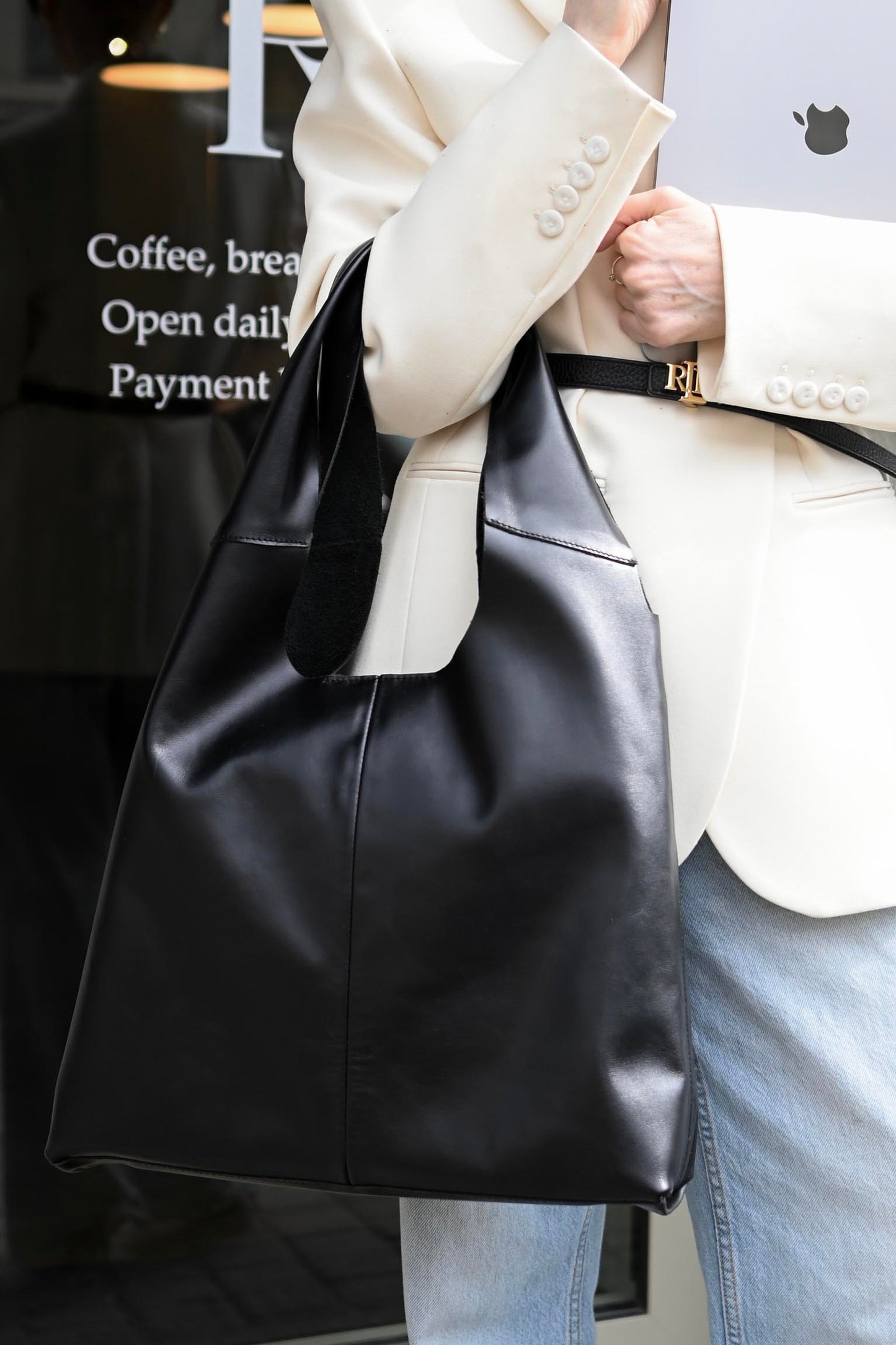 Large Smooth Leather Hobo Bag - Slouchy Shoulder Tote in Black