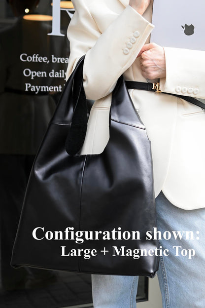 Large Smooth Leather Hobo Bag - Slouchy Shoulder Tote in Black