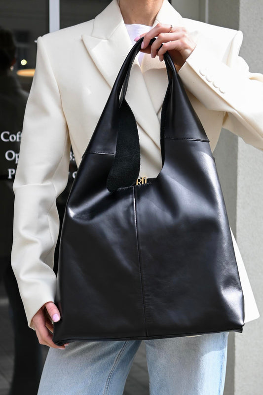 Large Smooth Leather Hobo Bag - Slouchy Shoulder Tote in Black