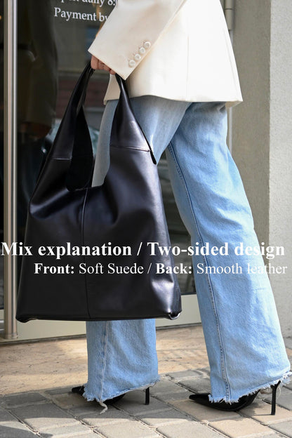 Large Suede & LeatherHobo Bag - Slouchy Shoulder Tote in Black Mix