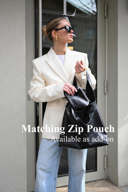 Large Smooth Leather Hobo Bag - Slouchy Shoulder Tote in Black
