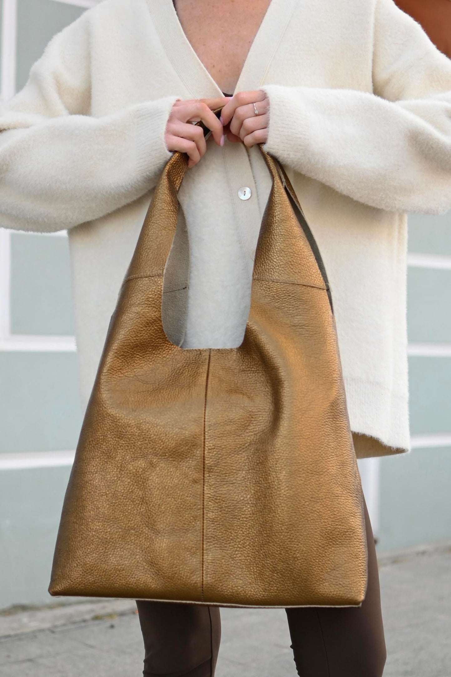 Large Pebbled Leather Hobo Bag - Slouchy Shoulder Tote in Bronze